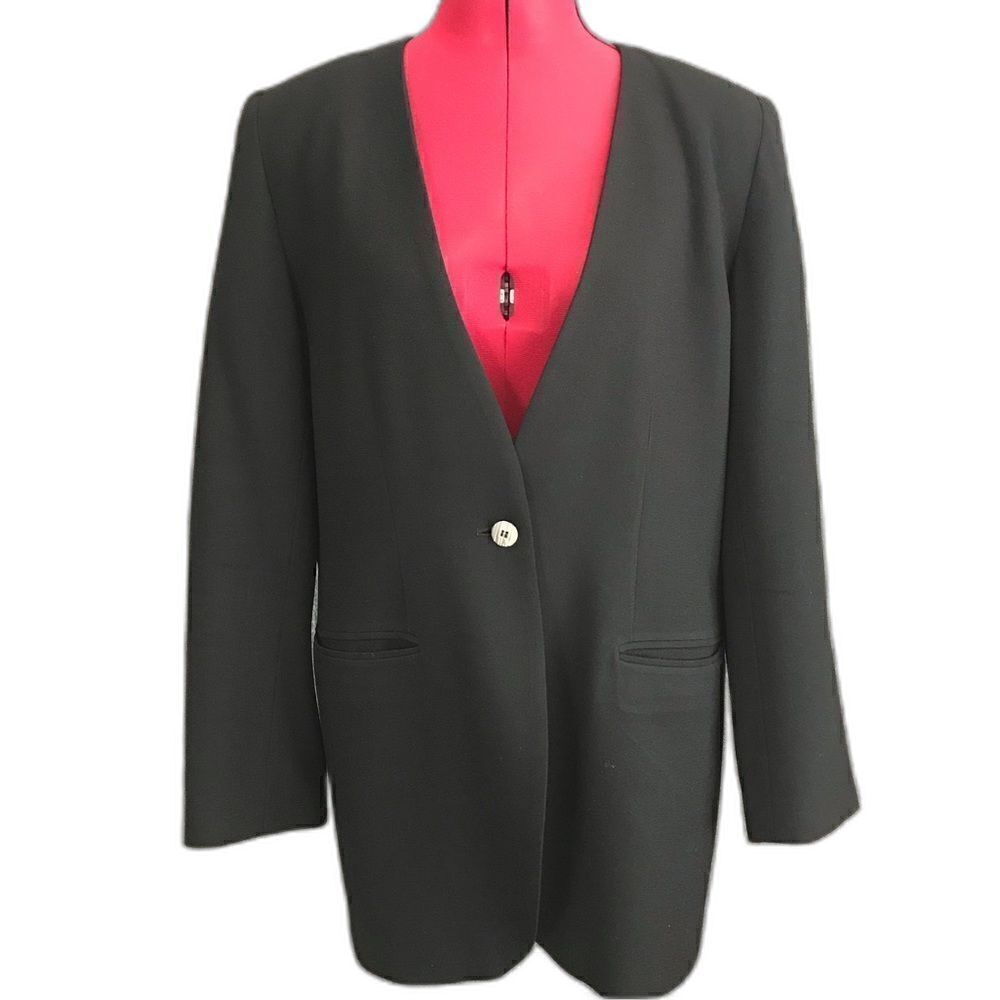 Chaus Blazer Women’s Size 10 Black 100% Wool Long Sleeve One Button Pockets